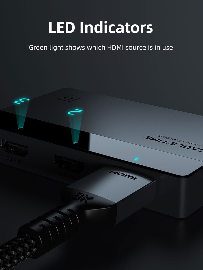 كابل تايم موزع HDMI ثلاثي المنافذ من CABLETIME بدقة 4K ومعدل تحديث 60 هرتز مع جهاز تحكم عن بعد ودليل استخدام، متوافق مع PS5 وPS4 وXbox وRoku وApple TV والكمبيوتر الشخصي - Image 2